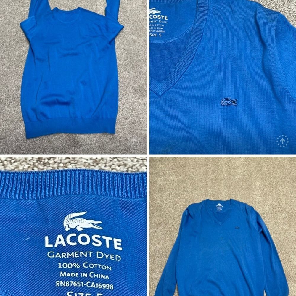 Lacoste mens v-neck pullover sweater sz 5 blue long sleeve (flaws)